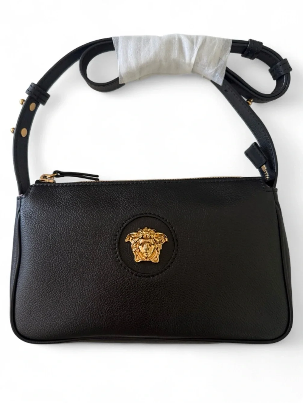 Versace Black Grainy Leather Gold Medusa Small Handbag Shoulder Bag